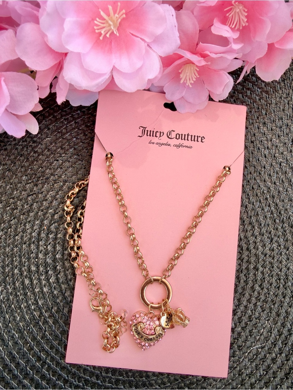 Juicy Couture Gold Tone Necklace with Pink Crystal Heart Charm
